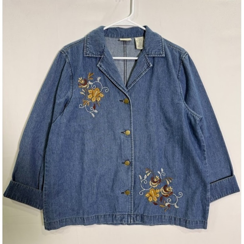 Classic Elements Petite Vintage Denim Embroidered‎ Floral Jacket L 14-16 Blue